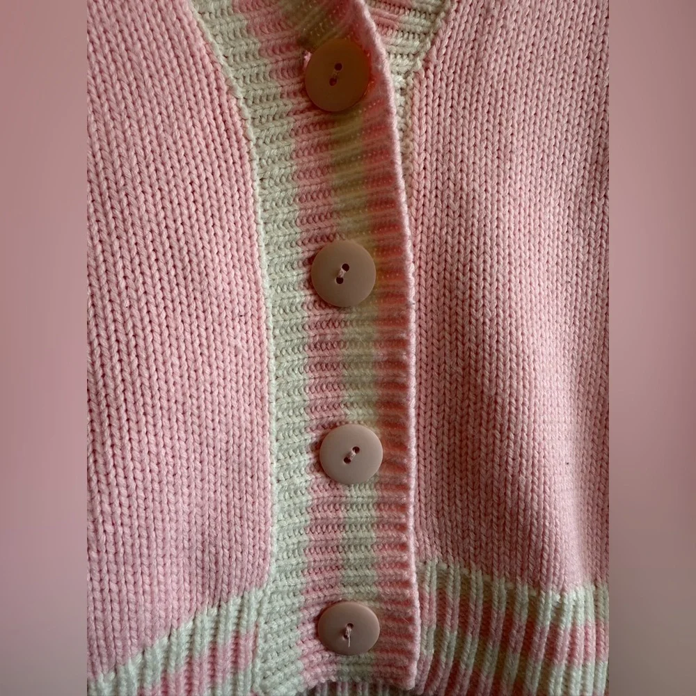 Vintage 80s mister NOAH Preppy Pink and White Striped Cardigan Sweater Size M - Picture 3 of 4